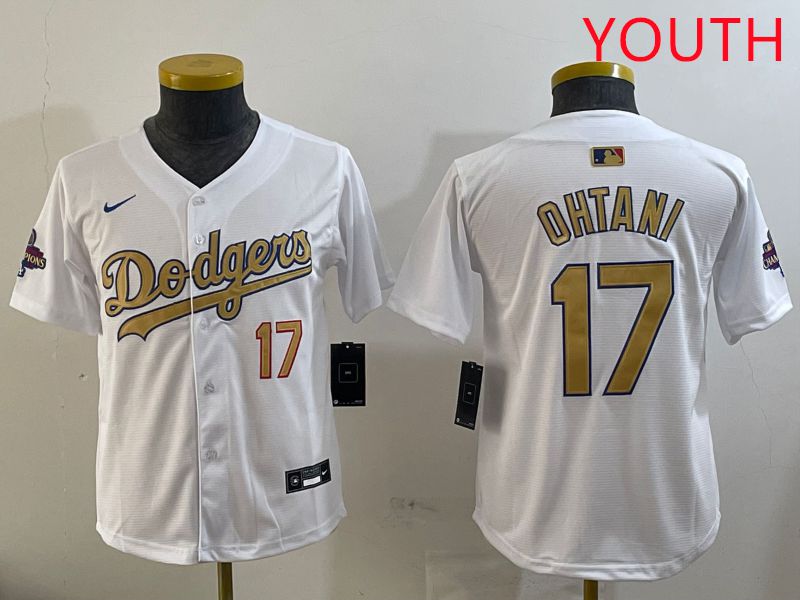 Youth Los Angeles Dodgers 17 Ohtani White Champion gold character 2025 Nike MLB Jersey style 1